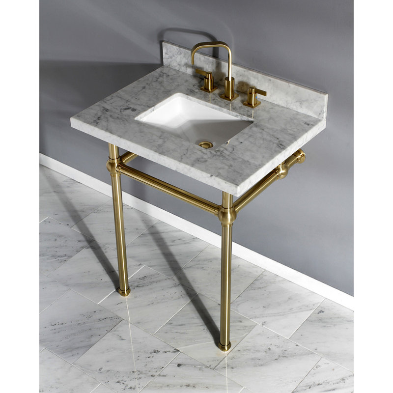 Kingston Brass Templeton 30-Inch Carrara Marble Vanity Top with Brass Legs (8-Inch, 3-Hole), Carrara Marble/Satin Brass