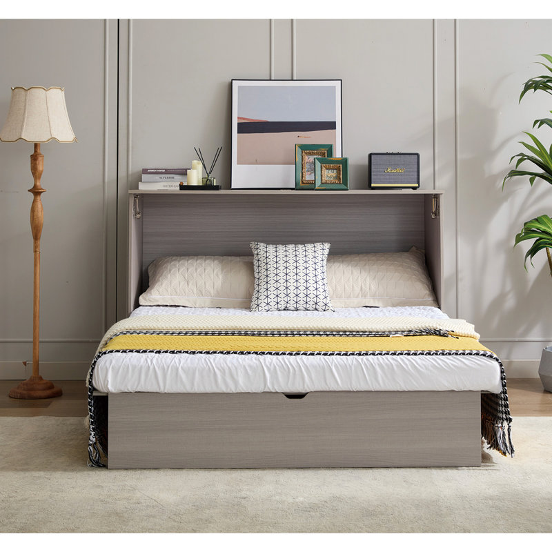 Grand lit avec rangement, matelas en mousse pliable et borne de charge, lit convertible gris, fonction de rangement, quai
