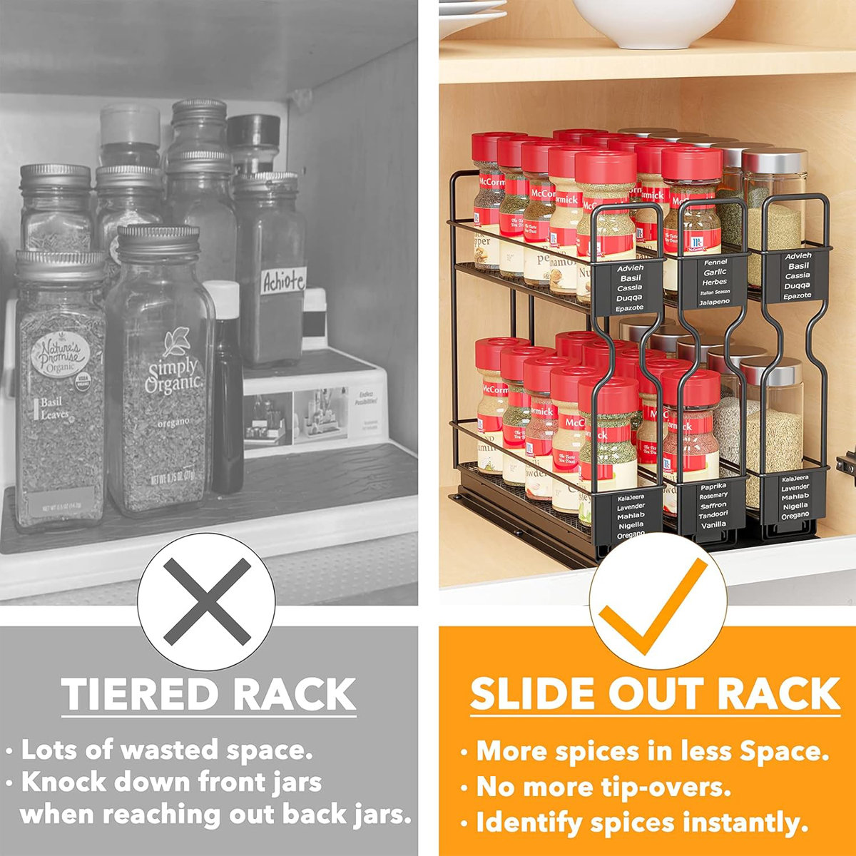 2-Tier Pull Out Spice Rack Organizer for Cabinet, Heavy Duty Slide Out Seasoning Organizer with Labels, 7.7"W x 10.75"D x 10"H, 3 Drawers