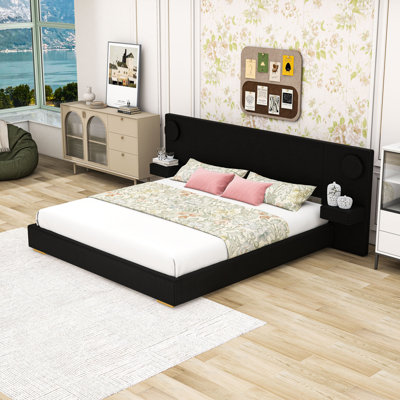 Upholstered Platform Bed with LED Lights, USB Ports and Side Drawers