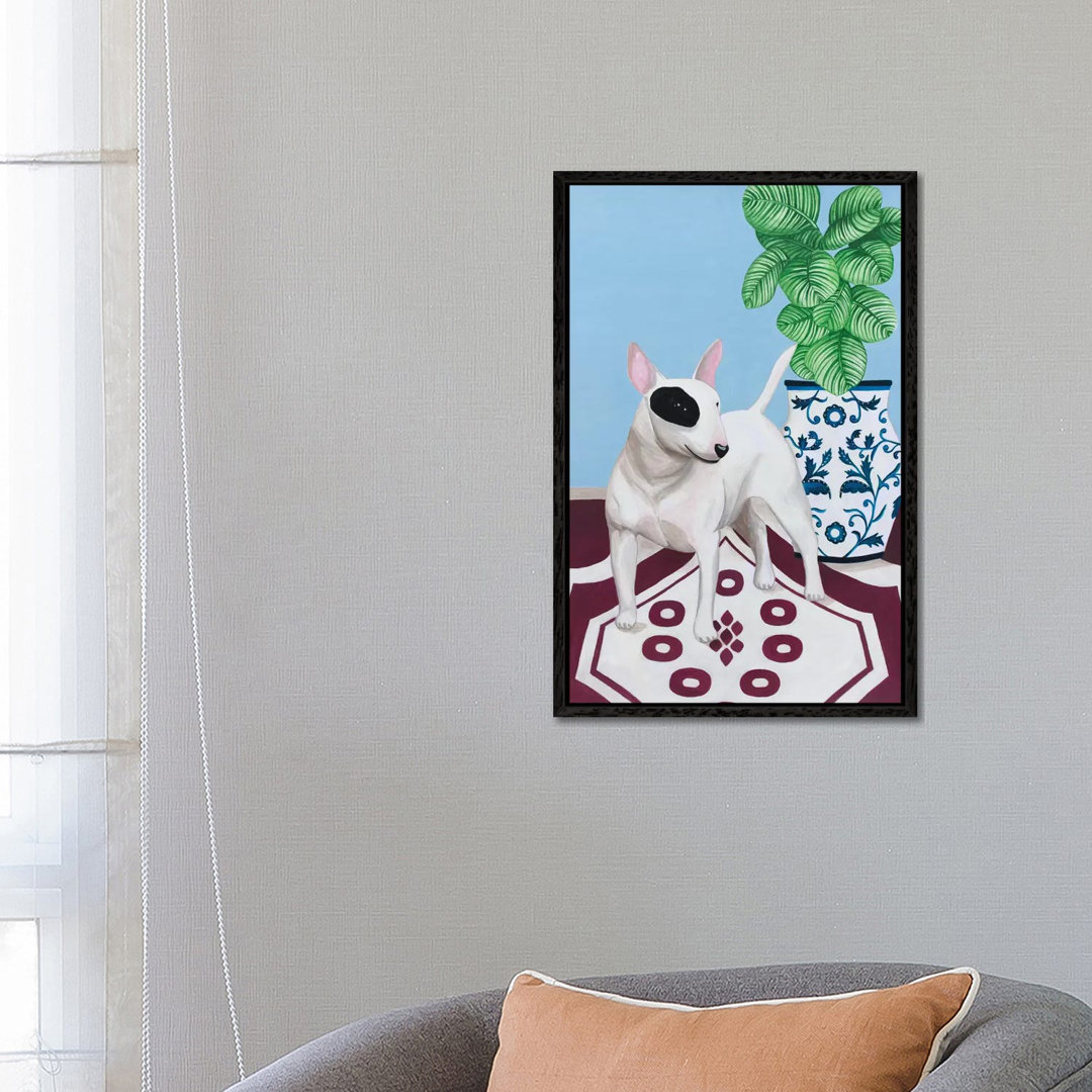 English Bull Terrier With Plant von Sally B - Floater Frame Gallery-Wrapped Canvas Giclée on Canvas