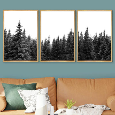 Misty Forest Landscape " Woodland Nursery Decor Black And White Forest Photo Nature Illustrations Abstract " 3 - Pieces