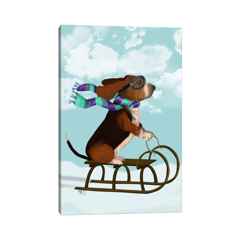 Basset Hound, Sledging by Fab Funky - Wrapped Canvas Gallery-Wrapped Canvas Giclée, 66.04 cm H x 45.72 cm W