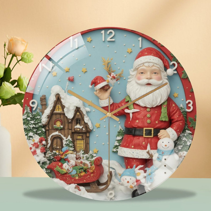 Père Noël avec traîneau, horloge de Noël, horloge murale moderne en verre 12 po