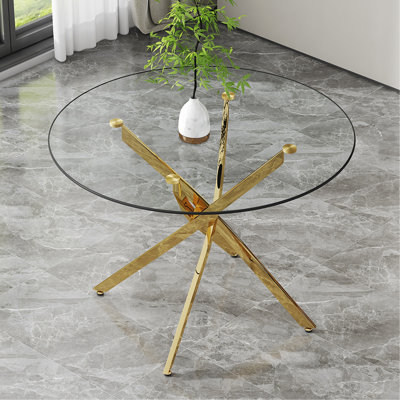 Table ronde en verre trempé transparent de style moderne minimaliste, plateau de table en verre trempé, pieds de table en métal, convient à la cuisine, à la salle à manger et au salon, convient à la plupart des décors.