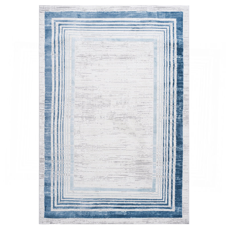  Blue/Ivory/Bordered Non-Shedding Living Room Bedroom Dining Home Office Stylish And Stain Resistant Area Rug