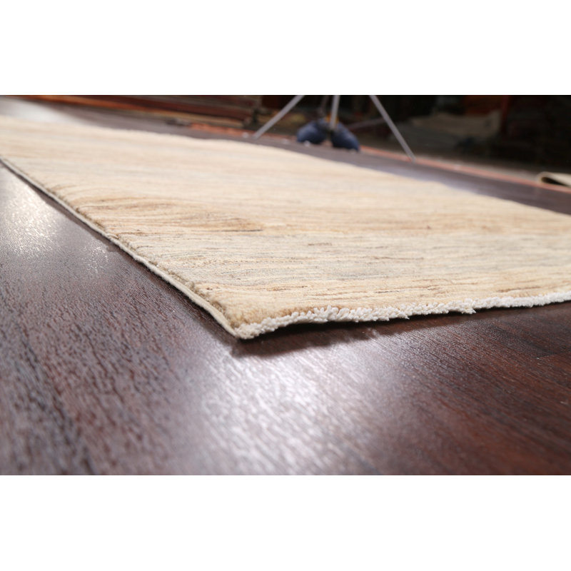 Tapis beige en laine noué à la main de conception unique 4 pi 6 po x 6 pi 4 po New Age