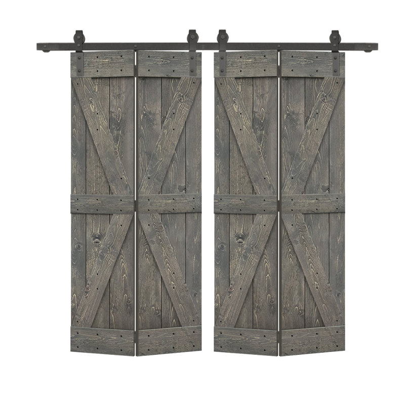 Porte de grange pliante en bois de pin avec quincaillerie coulissante, Gris patiné, 64 po x 84 po