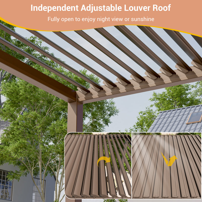 Louvered Outdoor Pergola Aluminum Frame with Adjustable Rainproof Roof, Brown, 12 ft x 20 ft