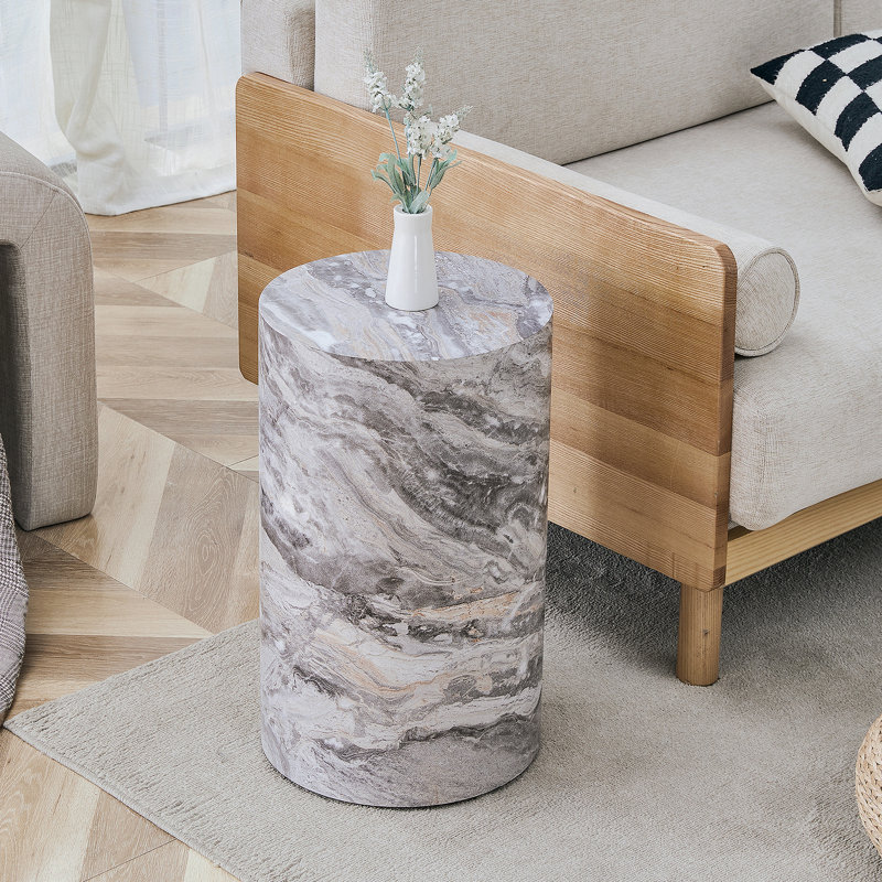 Table basse cylindrique simple texturée en marbre gris, diamètre de 12 pouces, hauteur de 19,7 pouces, matériau en bois aggloméré pour les salons de style industriel