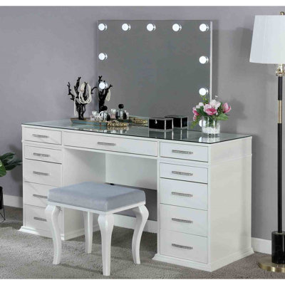 Meuble-lavabo et tabouret de style, verre trempé de 8 mm, tiroirs de rangement, miroir à DEL, pièce de chambre blanche lumineuse