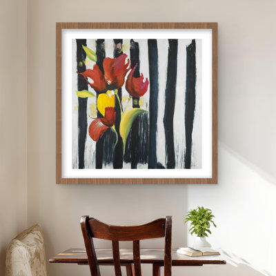 Fleurs rouges sur rayures - Reproduction encadrée de bureau contemporain