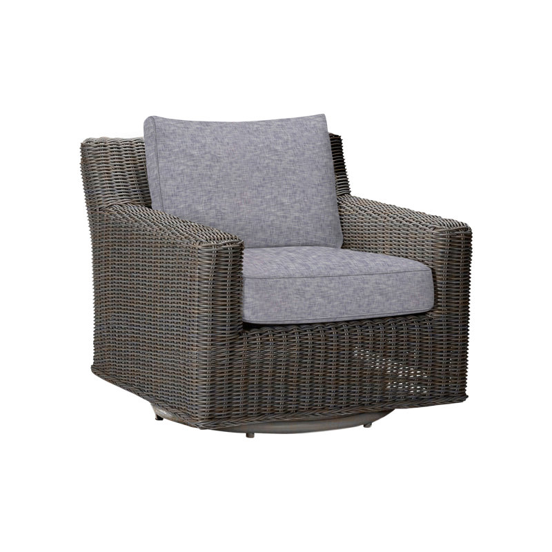 Rustic Swivel Patio Chair with Cushions, Dove Sunbrella® Linen, Black Walnut, Welt