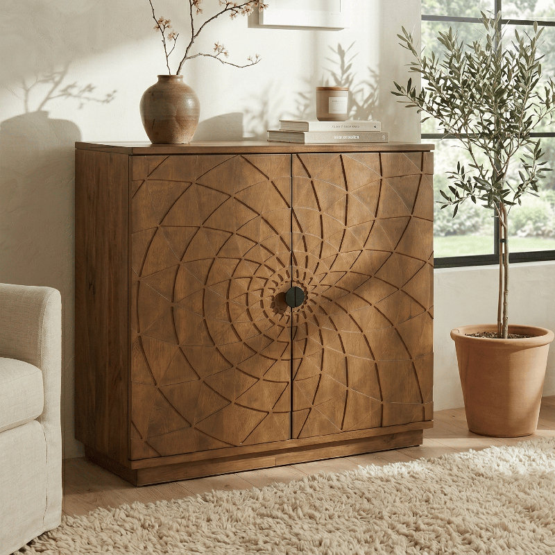 BLOOM 2-Door Storage Cabinet, Solid Wood Designer Accent Cabinet with Hand-Carved Geometric Pattern Doors, Modular & Expandable Storage System for Living Room, Teak Look