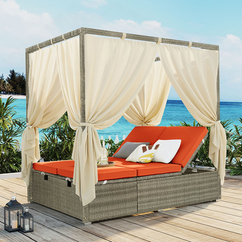 Lit de bronzage réglable avec rideau, grand confort, avec 3 couleurs, Coussin orange / cadre brun