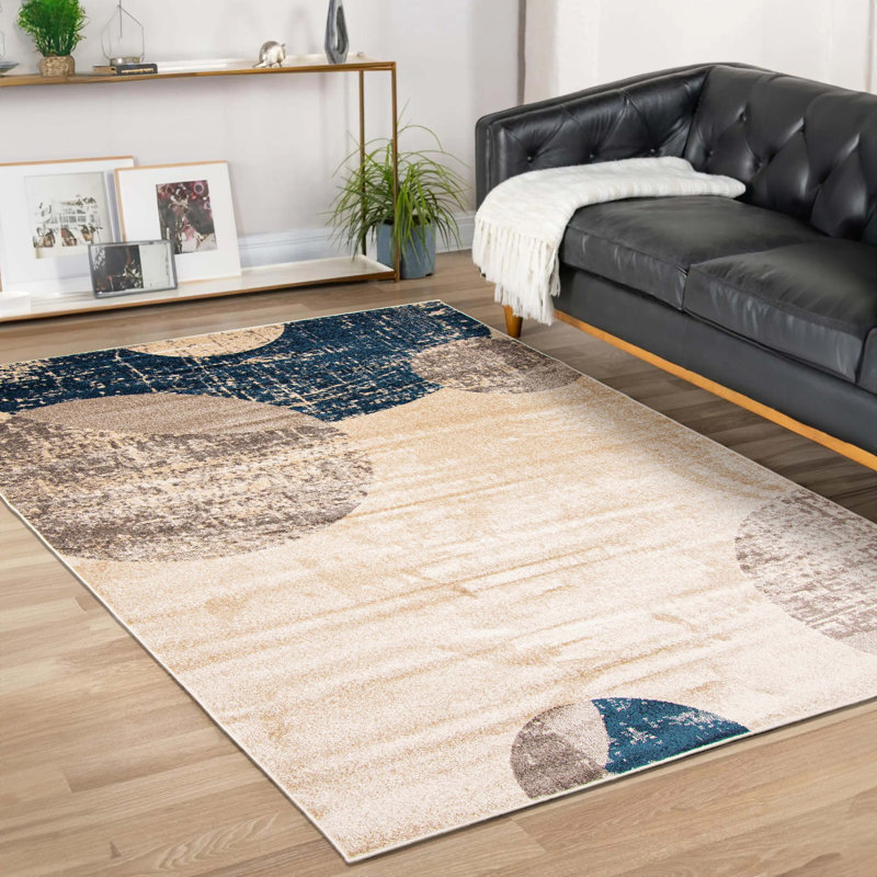 Tapis abstrait ivoire / bleu Jurgita, Rectangle 6 pi 7 po x 9 pi 6 po