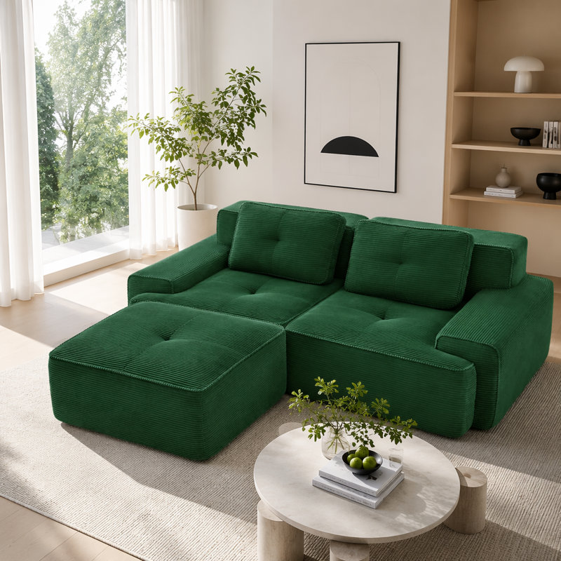Canapé moderne en velours côtelé, Vert - 2 sièges + 1 fauteuil