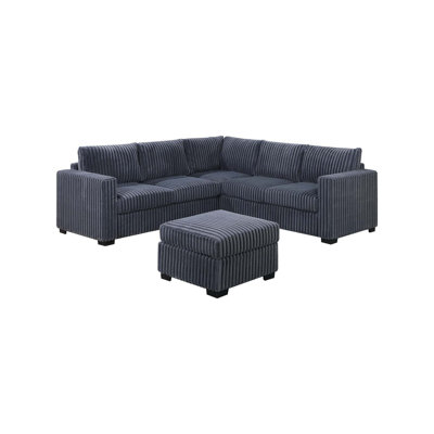 Beautiful 4-Piece Sectional Set W/ Ottoman Dark Gray One Arm Loveseat Corner Wedge Corduroy Upholstered Plush Couch