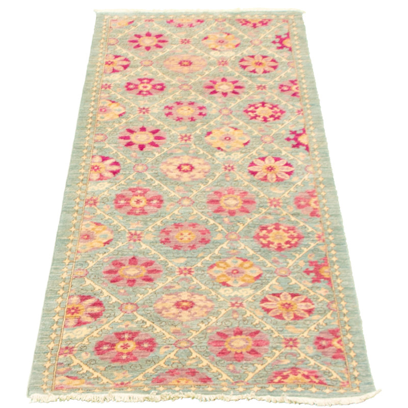 Tapis de couloir bleu clair / rose en laine noué à la main de conception unique 3 pi 2 po x 8 pi 1 po New Age Lahore
