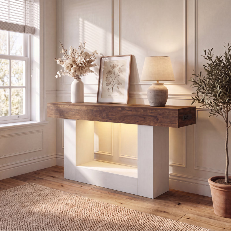 Console de style champêtre avec station de recharge (prises électriques) et éclairage DEL, tablette de rangement à 2 niveaux