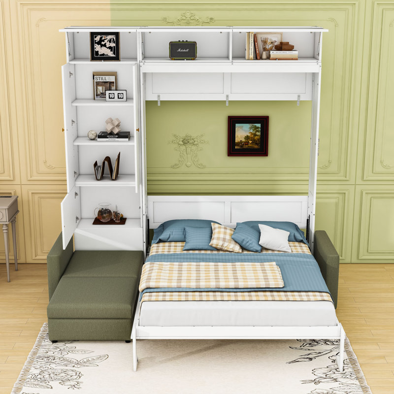 Lit escamotable en bois avec canapé et tablettes, Vert