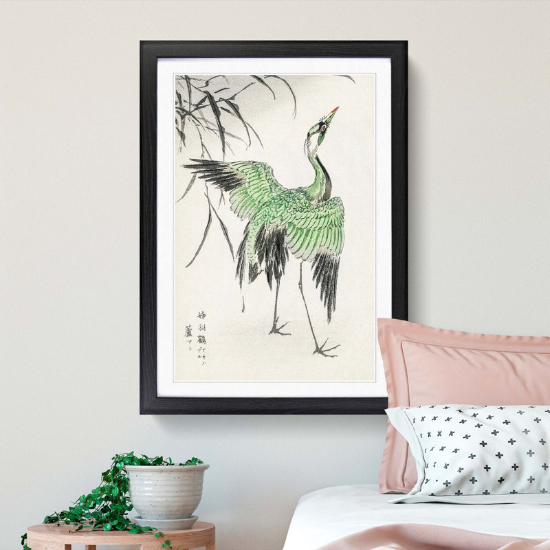 Crane Bird by Numata Kashu - Single Picture Frame Painting on MDF, 91cm H x 60cm W x 2cm D, Black Framed