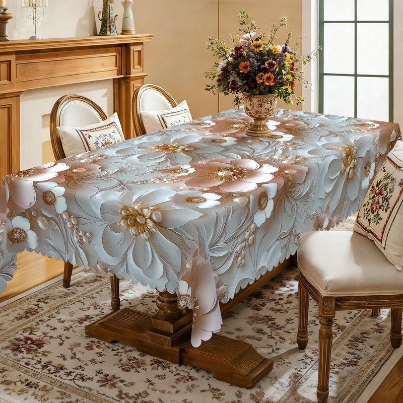 Gray Floral Waterdrop Pattern Design Machine Washable Polyester Tablecloth, 70.8" L x 55.12" W