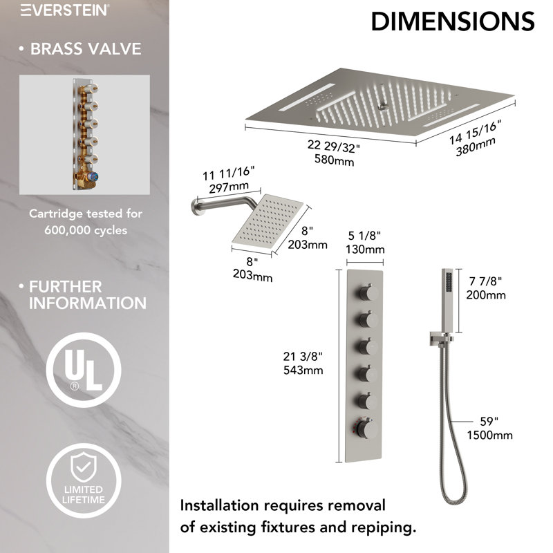  LED Bluetooth Music Thermostatic Rain Shower System with Dual Shower Heads and Handheld Sprayer, Brushed Nickel