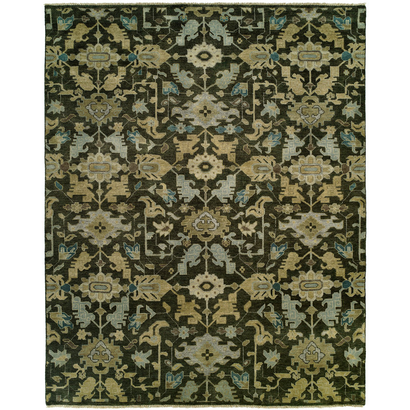 Heris Floral Hand-Knotted Wool Graphite/Brown/Ivory Area Rug, Rectangle 9' x 12'