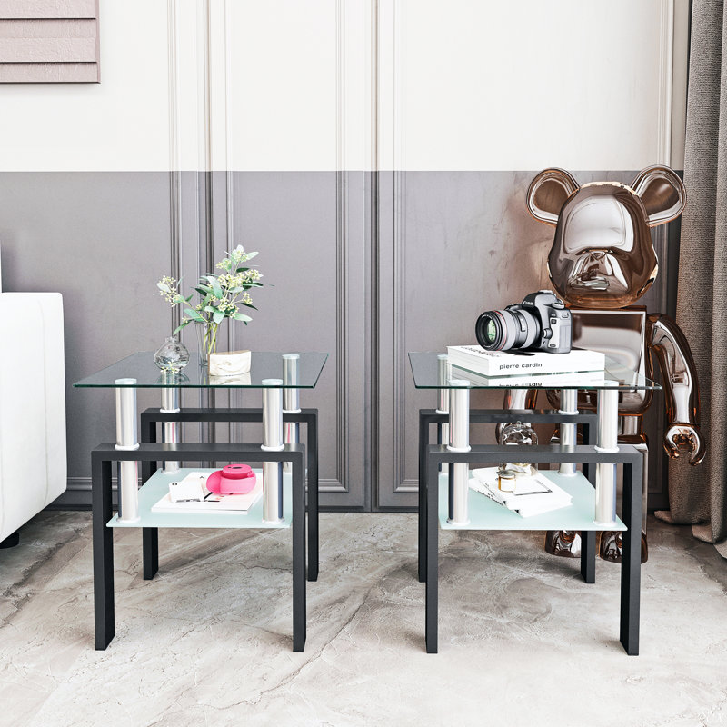Ensemble de 2, table basse moderne en verre trempé, table de bout, table carrée pour le salon, Transparent