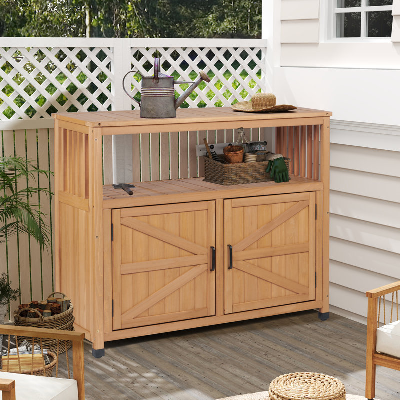 Wooden Patio Bar Table Set with Storage, Buffet Cabinet Sideboard, Brown
