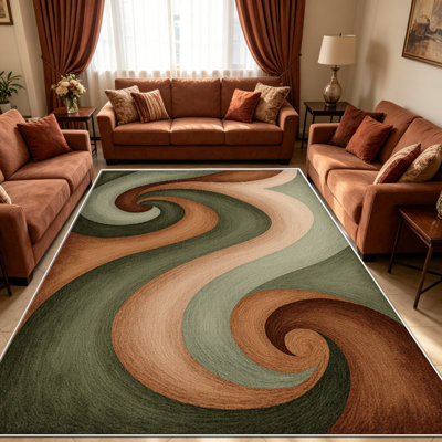 1PC Green Brown Swirls area rug, Elegant versatile decorative floor carpet, Easy to clean and maintain, Ideal furnishing piece for bedroom, Living room, Hallway, Entryway, Dorm and Office to refresh your home interior atmosphere