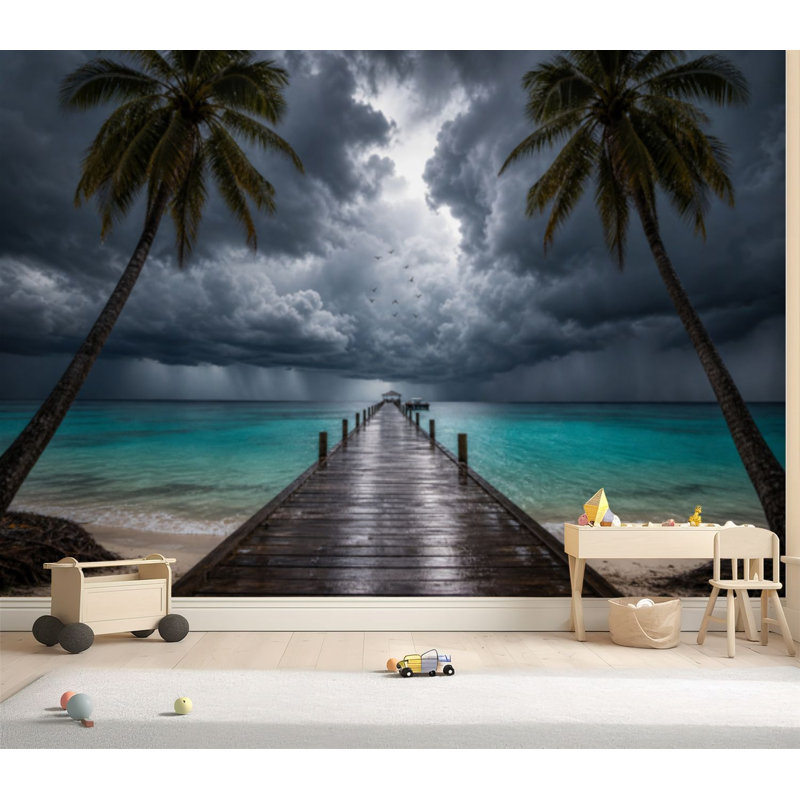 Papier peint adhésif décoratif en bois Tropical Pier, 96" L x 69" W