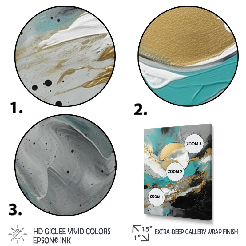 «Full Moon Happiness Gold & Turquoise Abstract», reproduction d'art sur toile, H 40 po x l 30 po x P 1,5 po