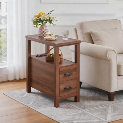 Table de bout avec station de charge, tables d'appoint avec ports et prises USB, table d'appoint avec 2 tiroirs, petite table de chevet en bois, petite table d'appoint rustique, table de bout moderne avec tiroir