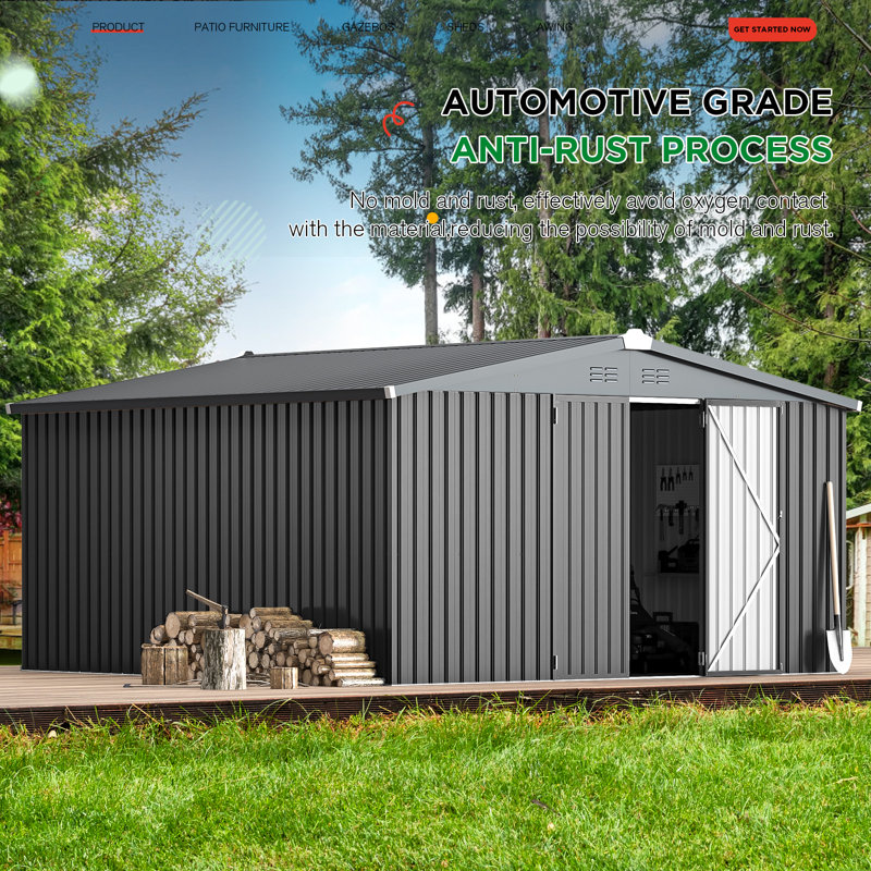Remise de rangement en métal 12 pi x 12 pi avec conception de portes verrouillables, Gris foncé