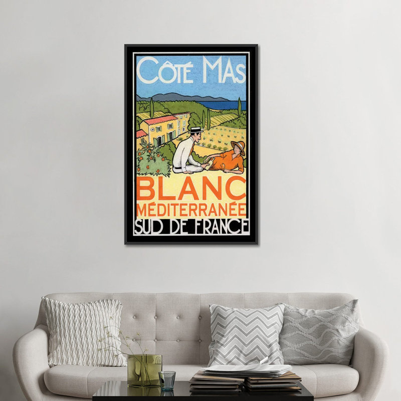 « white méditerranée », affiche rétro sur toile, H 26 po x l 18 po x P 1,5 po, Toile avec cadre noir, Pas de tapis