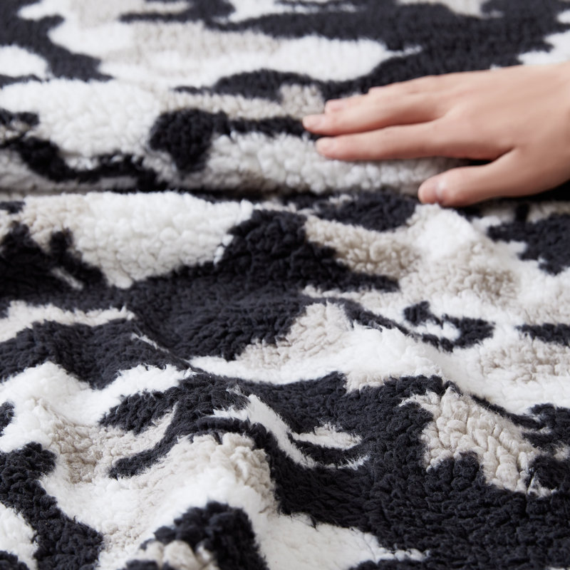 Kenneth Cole Cozy Printed Sherpa Throw Blankets, White/Black Camouflage