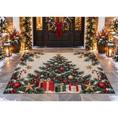 Tapis d'extérieur 152 x 213 cm (5 pi x 7 pi) avec des décorations de sapin de Noël et des bâtons de Noël. Tapis bouclé en PVC épais et imperméable, résistant et à séchage rapide, idéal pour terrasse, balcon, entrée ou porche.