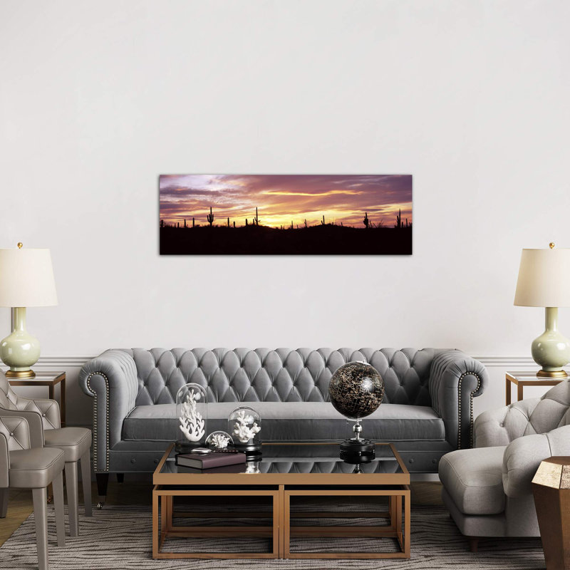 Silhouette of Saguaro Cacti (Carnegiea Gigantea) on a Landscape, Saguaro National Park, Tucson, Pima County, Arizona, USA 1 Piece Panoramic Wall Art on Canvas