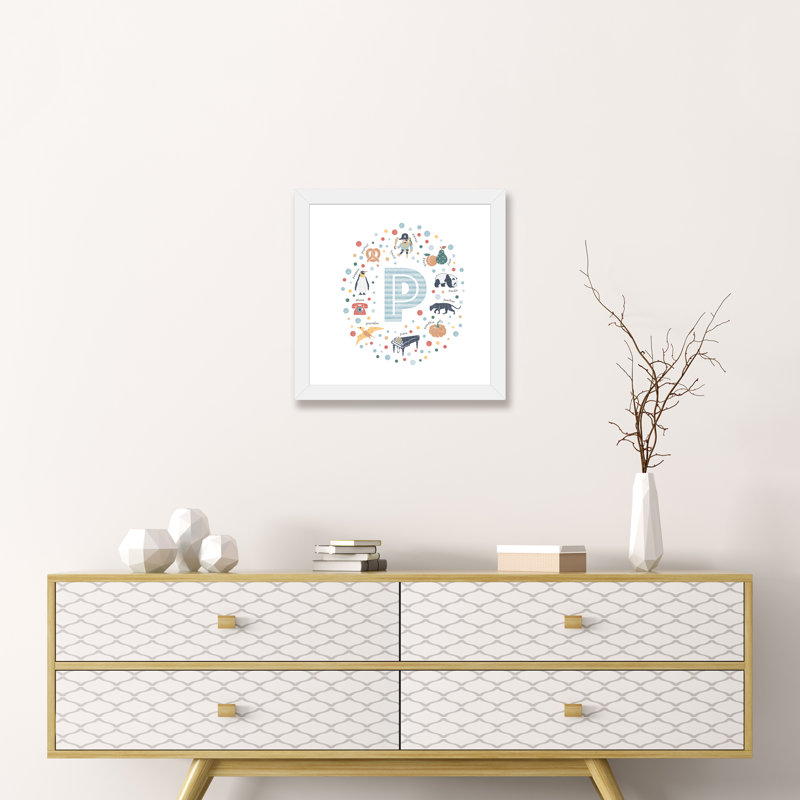 " Illustrated Letter P Blue ", White Framed Paper, White, 16" H x 16" W x 1" D
