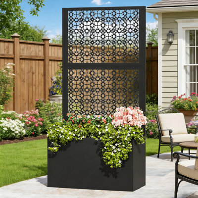 Yazmin 35.4''W Mordern Shades Single Panel With Flower Box,Outdoor Patio Metal Privacy Frence Freestanding With Stakes