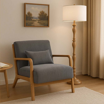 Corduroy Accent Chair, Wooden Frame Upholstered Armchair with Pillow