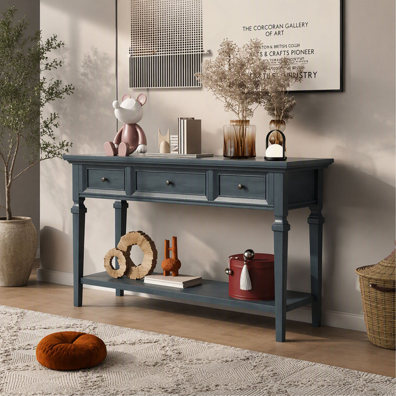 Console - avec 3 tiroirs supérieurs et tablette inférieure ouverte - bleu marine - rétro classique, Marine, Marine, Marine