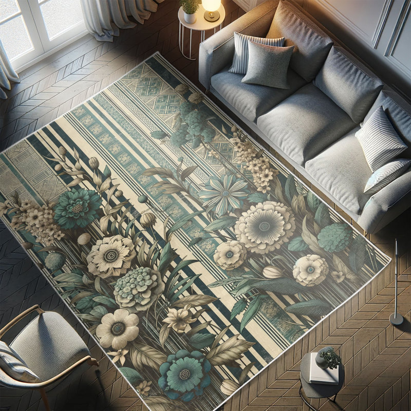 Teal and Ivory Floral Boho Area Rug, 2' 5" x 5'