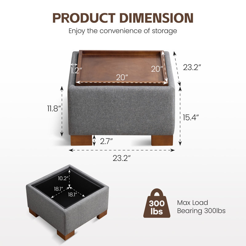 Repose-pieds de rangement carré 23,2 po avec plateau en bois, H 15,4 po x l 23,2 po x P 23,2 po, Tissu gris