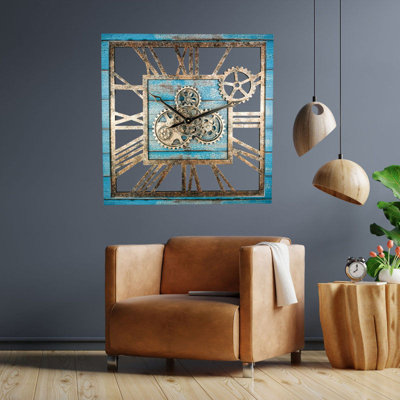 Wall Clock 24" Square Oversized for Living Room decor with Real Moving Gears America Collection, Blue