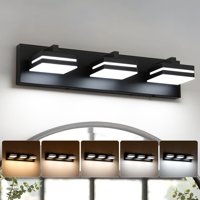 Luminaire de salle de bain moderne à DEL à intensité variable sur miroir 5CCT, Noir mat, Trois lumières