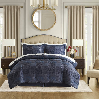 Ensemble de literie en jacquard de luxe luxueux pour un décor de chambre à coucher élégant, grand bleu marine