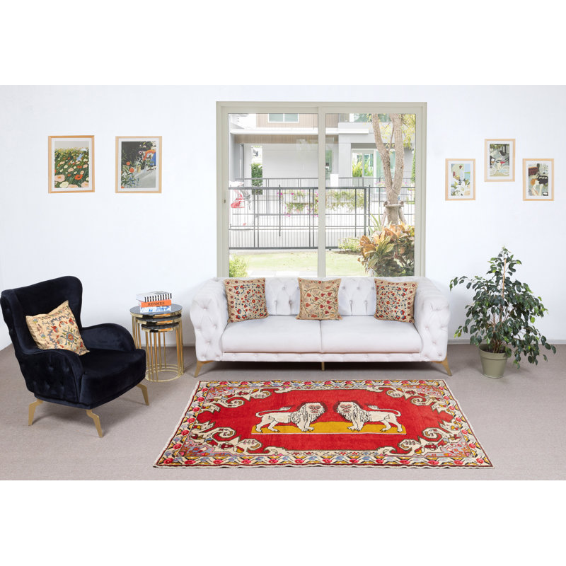 Tapis rouge 4,6 x 7,4 pi à motif de lion, tapisserie rouge, noué à la main en Turquie, 100% laine douce